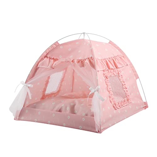Katzenzelthaus, Zuverlässige Unterstützung, Halb Geschlossener Netzvorhang, Elastisches Haustierzeltbett, Wasserdicht für den Sommer, für Hunde (Rosa Spitze) von Shanrya