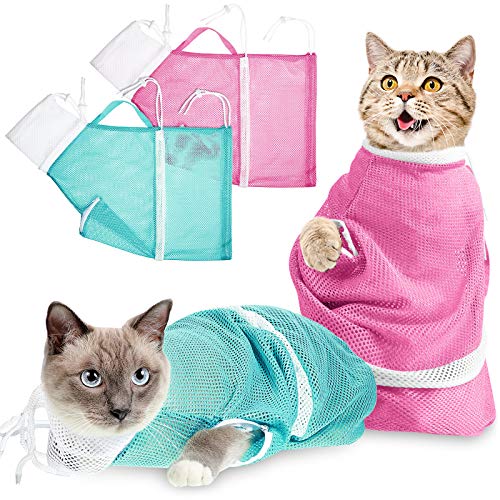 2 Stücke Katze Baden Tasche Katze Dusche Netz Tasche Anti-Beißen Anti-Kratzen Rückhaltetasche Einstellbar Multifunktional zum Baden, Nagel Trimmen, Haustier Untersuchung (Rosa, Grün) von Shappy