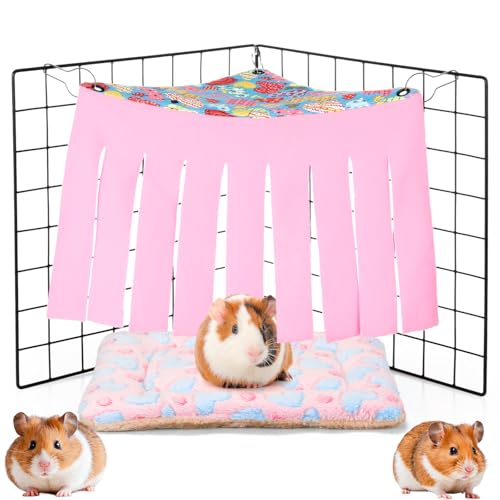 Shappy Meerschweinchen-Versteck mit Matte, Eckvorhang, Fleece, Spielzeug, Käfigzubehör für Frettchen, Chinchillas, Kaninchen, Igel, kleine Haustiere (Rosa, Blau) von Shappy
