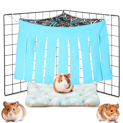 Shappy Meerschweinchenversteck mit Matte, Eckvorhang, Fleece, Spielzeug, Käfigzubehör für Frettchen, Chinchillas, Kaninchen, Igel, kleine Haustiere (Blau, Weiß) von Shappy