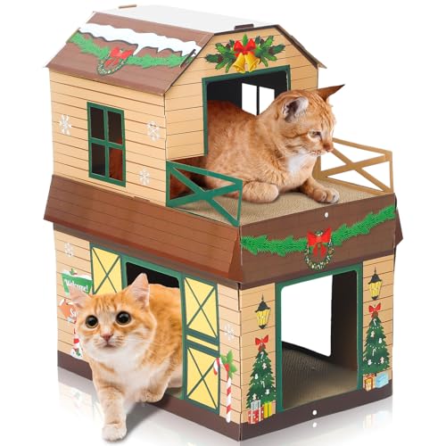 Shappy Weihnachten Karton Katzenhaus Katzenkratzer Haus mit Kratzpad Katzenkratzhaus Karton Katzenspielhaus für Indoor Katzen, Weihnachtsdekorationen von Shappy