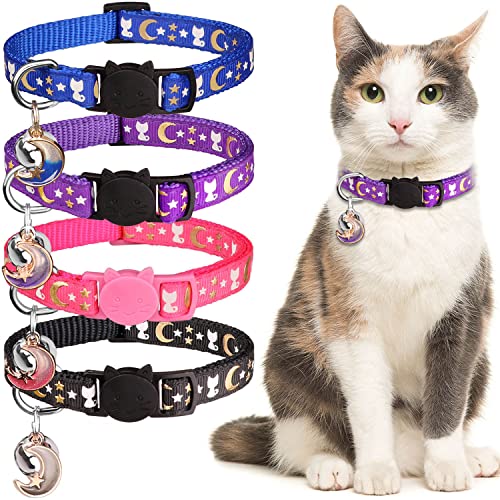 Hinialver 4 PCS Cat Collars with Bell Breakaway Gold Moons and Stars Adjustable Safety Kitten Collars with Charm Glow in The Dark von SharpCost