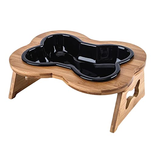 Sharplace Knochenform-Haustier-Hundenäpfe mit Holzständer, erhöht, geneigt, gegen Erbrechen, rutschfest, für Katzen und Hunde, Futterbehälter, Schwarz von Sharplace