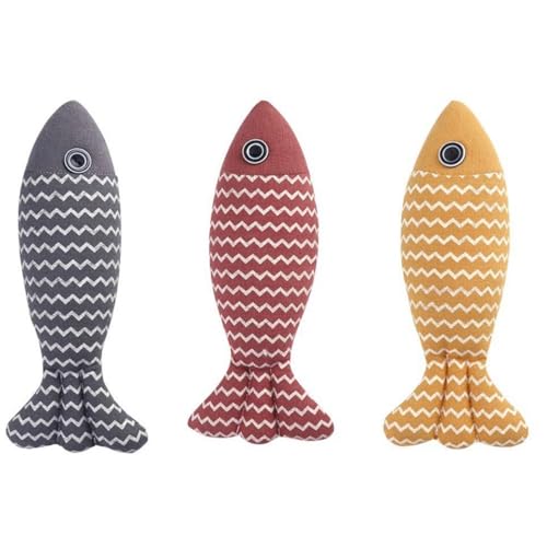 3-teiliges Katzenspielzeug – Interaktives Spielzeug-Set mit Fisch-Design – Stofftiere für Kätzchen und Katzen – Katzenspielzeug für Hauskatzen (Rot, Gelb, Grau) von Shatore
