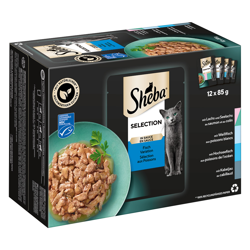 96 x 85 g Sheba Varietäten Frischebeutel zum günstigen Sparpreis! - Selection in Sauce (Lachs & Seelachs; Weissfisch; Hochseefisch; Kabeljau) von Sheba