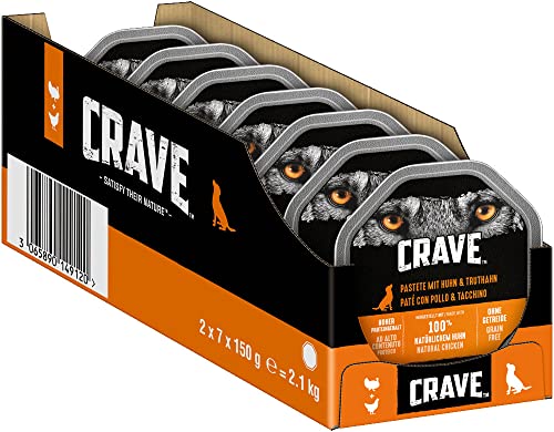 Crave DOG Crave DOG Crave Adult Hundenassfutter Pastete mit Huhn & Truthahn, 14 Schalen, 7x150g (2er Pack) – Premium Hundefutter nass mit hohem Proteingehalt ohne Zusatz von Getreide von AMOTAOS