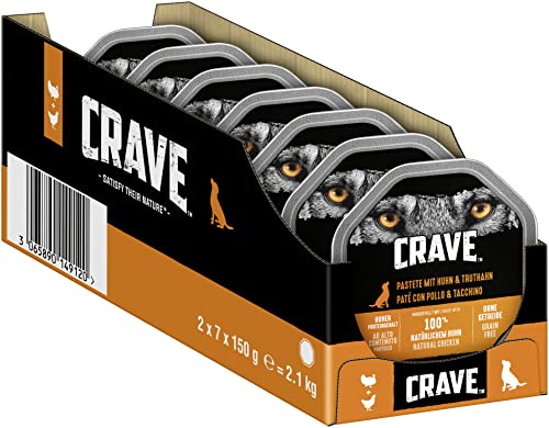Crave DOG Crave DOG Crave Adult Hundenassfutter Pastete mit Huhn & Truthahn, 14 Schalen, 7x150g (2er Pack) – Premium Hundefutter nass mit hohem Proteingehalt ohne Zusatz von Getreide von CRAVE