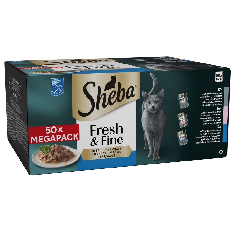Multipack Sheba Fresh & Fine Frischebeutel 50 x 50 g - mit Kabeljau, Lachs & Thunfisch in Sauce von Sheba