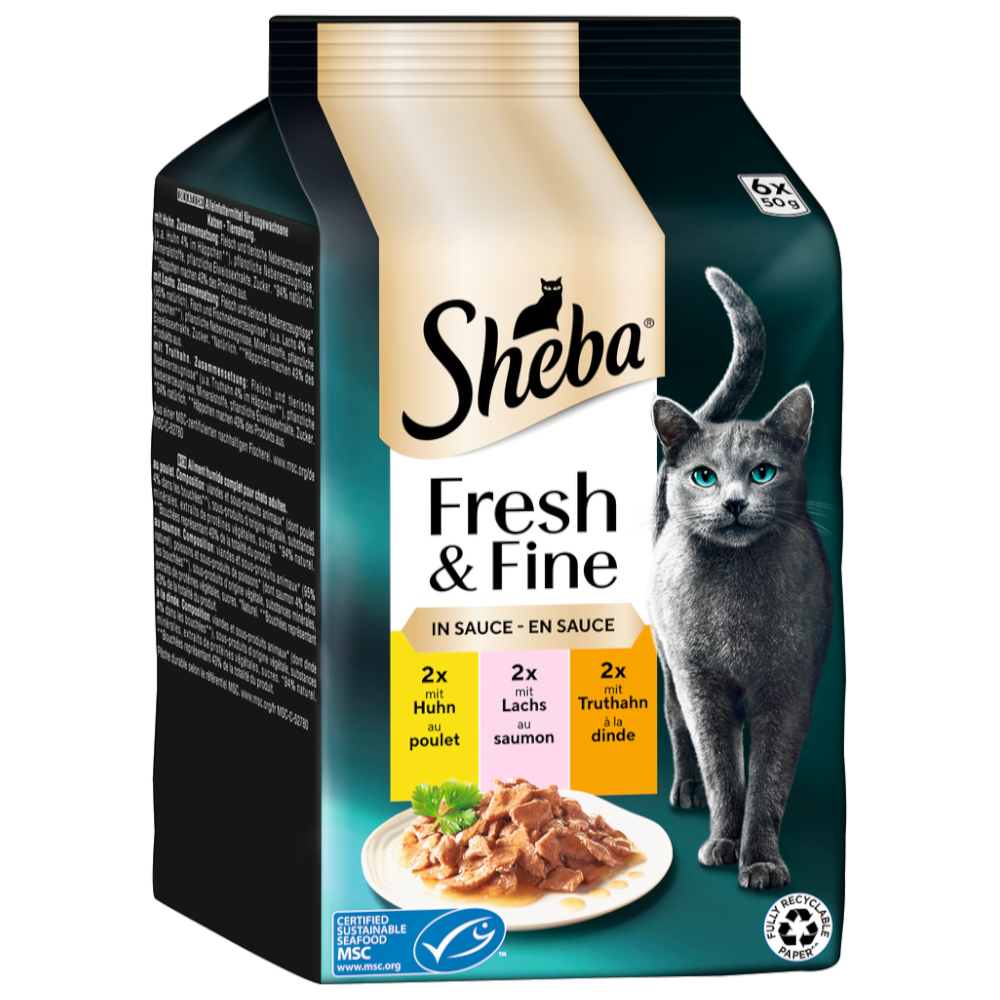 Multipack Sheba Fresh & Fine Frischebeutel 6 x 50 g - Huhn, Lachs & Truthahn in Sauce Multipack Sheba Fresh & Fine Frischebeutel 6 x 50 g - Huhn, Lachs & Truthahn in Sauce von Sheba