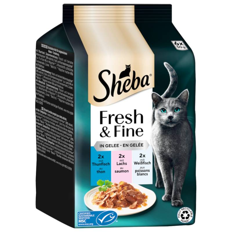Multipack Sheba Fresh & Fine Frischebeutel 6 x 50 g - Thunfisch, Lachs & Weißfisch in Gelee von Sheba