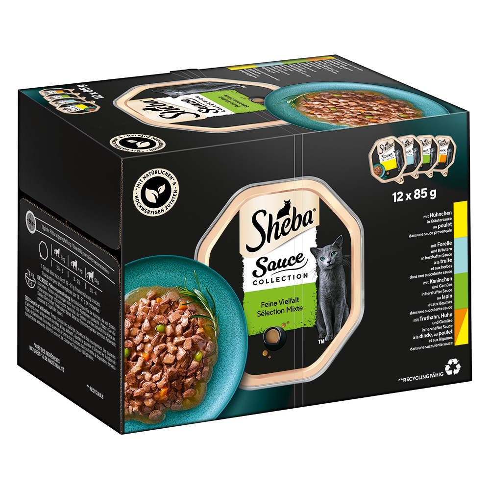 Multipack Sheba Varietäten Schälchen 12 x 85 g - Sauce Collection (Kaninchen; Forelle; Huhn; Truthahn & Huhn) von Sheba