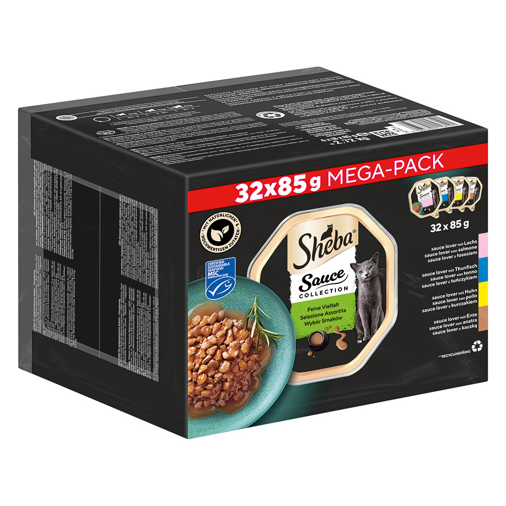Multipack Sheba Varietäten Schälchen 32 x 85 g - Sauce Lover (Lachs, Thunfisch, Huhn, Ente) von Sheba