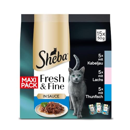 SHEBA Fresh & Fine Multipack Portionsbeutel 3 Varietäten Kabeljau, Lachs, Thunfisch in Sauce MSC 5x15x50g von Sheba