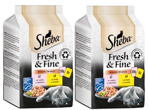SHEBA Portionsbeutel Multipack Fresh & Fine in Sauce - Verschiedene Geschmacksrichtungen (2x6x 50g, Lachs & Huhn) von Sheba