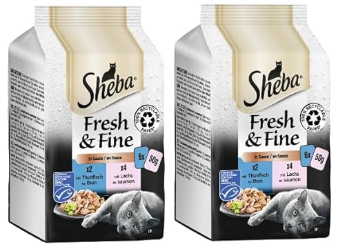 SHEBA Portionsbeutel Multipack Fresh & Fine in Sauce - Verschiedene Geschmacksrichtungen (2x6x 50g, Thunfisch & Lachs) von Sheba