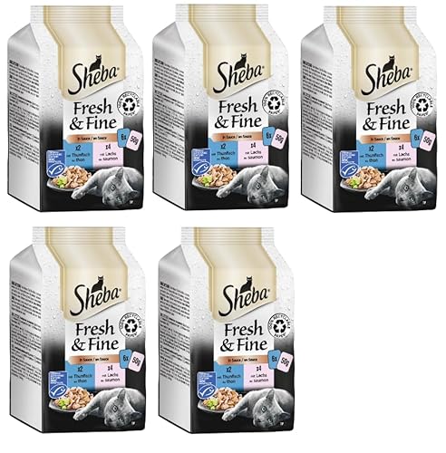 SHEBA Portionsbeutel Multipack Fresh & Fine in Sauce - Verschiedene Geschmacksrichtungen (5x6x 50g, Thunfisch & Lachs) von Sheba