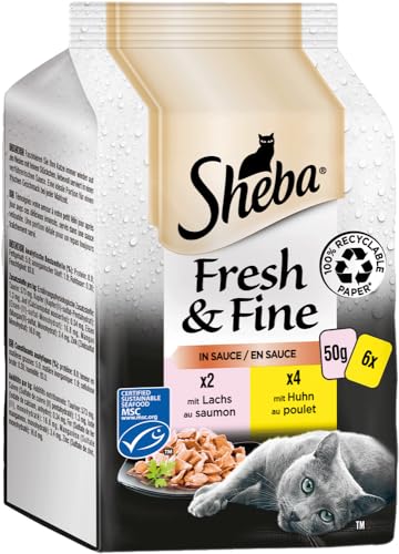 SHEBA Portionsbeutel Multipack Fresh & Fine in Sauce mit Lachs MSC und mit Huhn 1x 6x50g, Katzenfutter, Nassfutter von Sheba