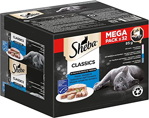 Sheba Classics in Pastete- Feinstes Katzennassfutter in der Schale - Fisch Variation (MSC) mit Lachs, Weißfisch, Thunfisch und Kabeljau - 32 x 85g von Sheba