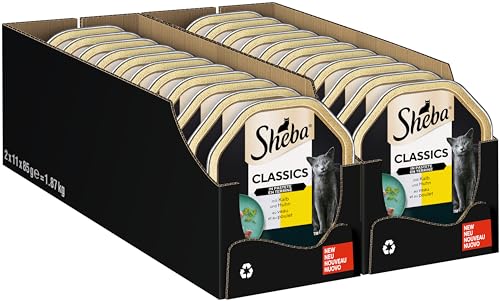 Sheba Classics in Pastete Katzenfutter – Hochwertiges Nassfutter in 22 Schalen – Pasteten mit feinen Stückchen mit Kalb und Huhn – 2er Pack (2 x 11 Schalen à 85 g) von Sheba