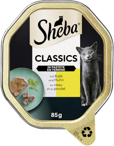 Sheba Classics in Pastete Katzenfutter – Hochwertiges Nassfutter in 22 Schalen – Pasteten mit feinen Stückchen mit Kalb und Huhn – 2er Pack (2 x 11 Schalen à 85 g) von Sheba