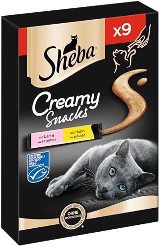 Sheba Creamy Snacks – Cremiges Katzen-Leckerli mit Huhn & Lachs – Praktische Sticks zum aus der Hand Schlecken – 7 x 9 x 12g von Sheba