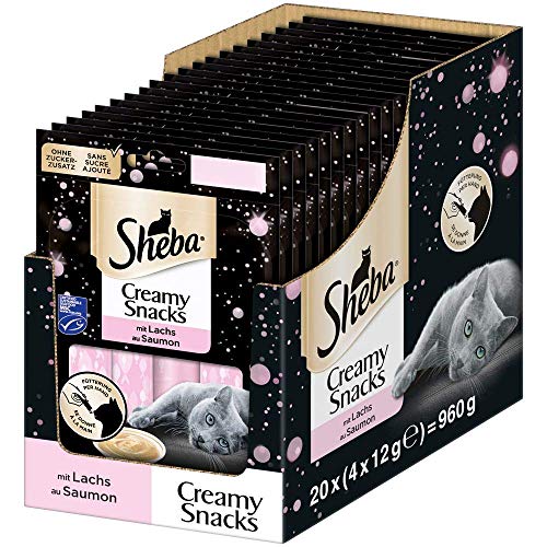 Sheba Creamy Snacks – Cremiges Katzen-Leckerli mit Lachs – Praktische Sticks zum aus der Hand Schlecken – 80 x 12g Katzenleckerchen von Sheba