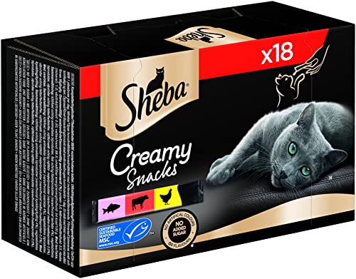 Sheba Katzensnacks Creamy Snacks, 18 praktische Katzenleckerli Sticks, 18x12g (1 Packung) – in den Varietäten Huhn, Lachs (MSC zertifiziert) und Rind zum aus der Hand schlecken von Sheba