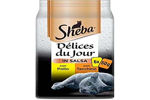 Sheba Délice Du Jour Nassfutter für Katzen mit Huhn und Truthahn in Sauce, 12 Packungen mit 6 Beuteln x 50 g, insgesamt 3600 g von Sheba