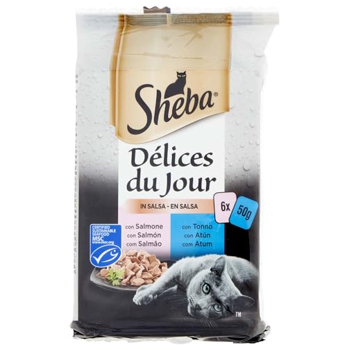 Sheba Délice Du Jour Nassfutter für Katzen mit Lachs und Thunfisch in Sauce, 6 Beutel x 50 g von Sheba