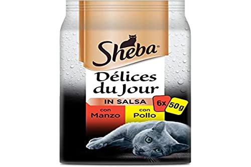 Sheba Délice Du Jour Nassfutter für Katzen mit Rindfleisch und Huhn in Sauce, 12 Packungen mit 6 Beuteln x 50 g je 50 g: insgesamt 3600 g von Sheba
