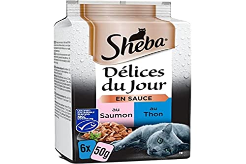Sheba Délices du Jour Nassfutter für ausgewachsene Katzen – Auswahl mit Lachs und Thunfisch MSC in Sauce – Frischebeutel 72 x 50 g von Sheba