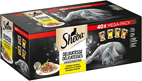 Sheba Katzennassfutter Delikatesse in Gelee, 40 Portionsbeutel, 40x85g – Katzenfutter nass, feine Geflügel Variation mit Ente, Huhn, Geflügel und Truthahn von Sheba