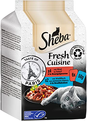 Sheba Katzennassfutter Fresh Cuisine Taste of Paris, 36 Portionsbeutel, 6x50g (6er Pack) – Katzenfutter nass, mit Rind und Weißfisch (MSC zertifiziert) von Sheba