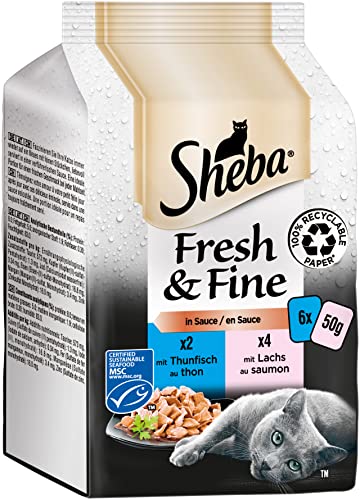 Sheba Fresh & Fine in Sauce - Hochwertiges Katzen Nassfutter - Lachs und Thunfisch (MSC) - Für die tägliche Abwechslung im extra kleinen Portionsbeutel - 36 x 50g von Sheba