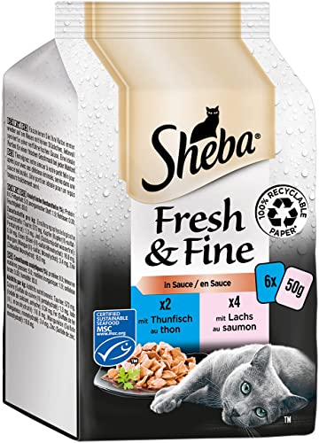 Sheba Fresh & Fine in Sauce - Hochwertiges Katzen Nassfutter - Lachs und Thunfisch (MSC) - Für die tägliche Abwechslung im extra kleinen Portionsbeutel - 36 x 50g von Sheba