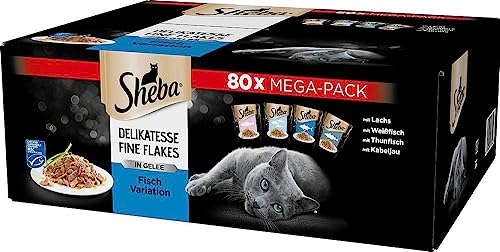 Sheba Katzennassfutter Delikatesse Fine Flakes, 80x85g Schalen, Mega Pack – Katzenfutter nass, Fischauswahl in Gelee mit Lachs, Weissfisch, Thunfisch und Kabeljau für ausgewachsene Katzen Sheba Katzennassfutter Delikatesse Fine Flakes, 80x85g Schalen, Mega Pack – Katzenfutter nass, Fischauswahl in Gelee mit Lachs, Weissfisch, Thunfisch und Kabeljau für ausgewachsene Katzen von Sheba