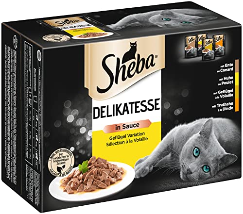 Sheba Katzennassfutter Delikatesse in Sauce, 48 Portionsbeutel, 12x85g (4er Pack) – Katzenfutter nass Geflügel Variation von Sheba