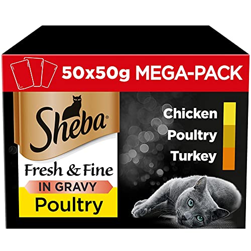 Sheba Katzennassfutter Fresh & Fine Selection in Sauce, 50x50g Portionsbeutel, Mega Pack – Katzenfutter nass, Geflügel Variation mitmit Truthahn, Huhn und Geflüge für ausgewachsene Katzen von Sheba