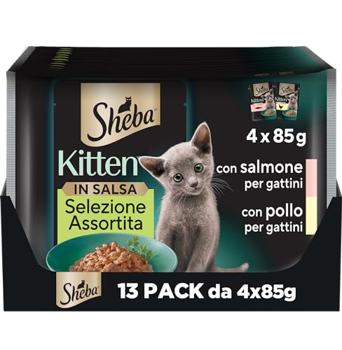 Sheba Kitten Sortierte Auswahl in Sauce mit Lachs und Huhn, komplettes Nassfutter für Kätzchen, 52 Beutel à 85 g von Sheba