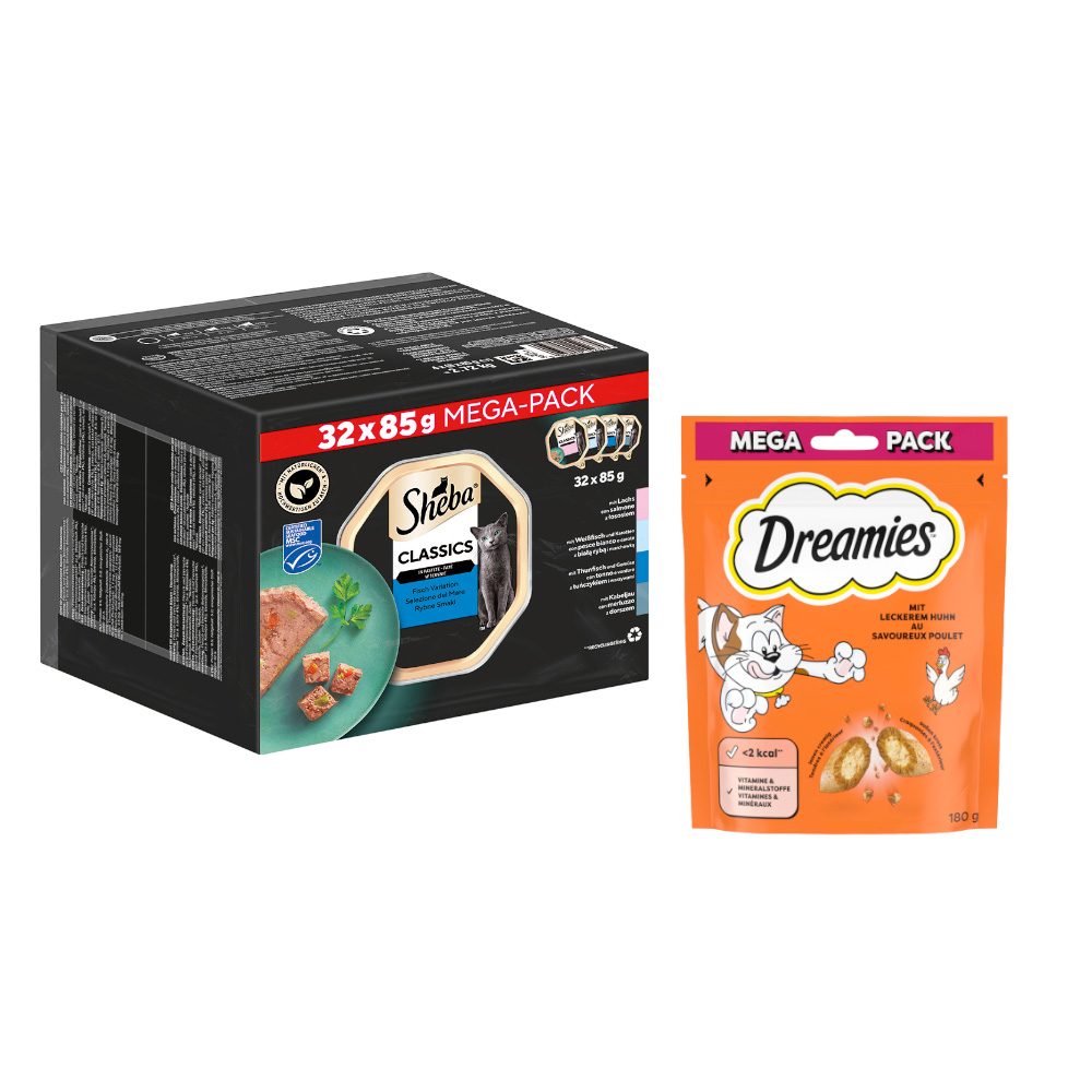 Sheba Multipack Nassfutter + 180 g Dreamies Snack mit Huhn gratis! - Classics in Pastete 32 x 85 g von Sheba