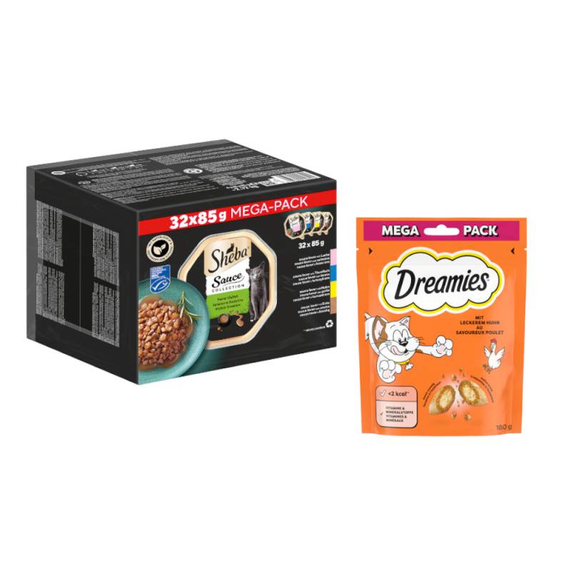 Sheba Multipack Nassfutter + 180 g Dreamies Snack mit Huhn gratis! - Sauce Lover (Lachs, Thunfisch, Huhn, Ente) 32 x 85 g von Sheba