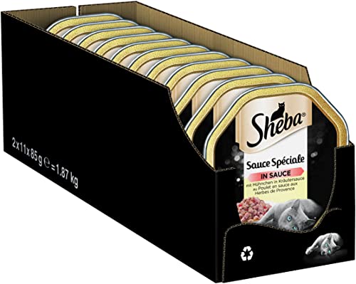 Sheba Sauce Spéciale – Edles Nassfutter mit Huhn in Kräutersauce für ausgewachsene Katzen – 22 x 85g Katzennahrung in der Schale von Sheba