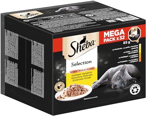 Sheba Selection in Sauce - Feinstes Katzennassfutter in der Schale - Geflügel Variation mit Poularde, Huhn, Geflügel und Truthahn - 32 x 85g von SHEBA