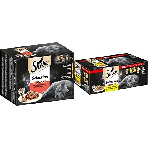 Sheba – Katzenfutter Herzhafte Komposition in Sauce für ausgewachsene Katzen – Maxi-Pack 48 x 85g Katzennahrung & Selection in Sauce, Katzenfutter im Frischepack, 40x85g von Sheba