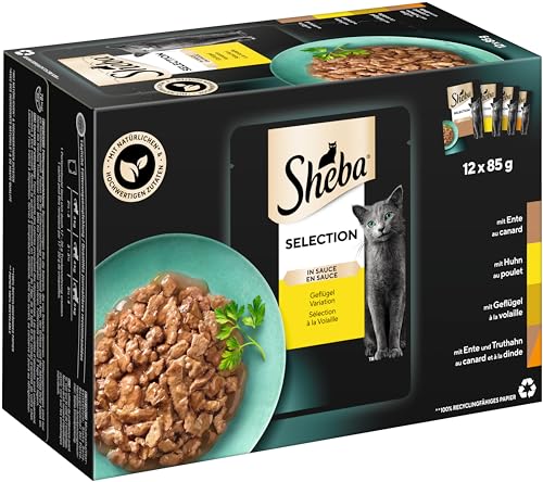 Sheba Selection in Sauce Katzennahrung – Katzenfutter in 48 Portionsbeuteln – Geflügel Variation in Sauce für ausgewachsene Katzen – 4er Pack (4 x 12 Portionsbeutel à 85g) von Sheba