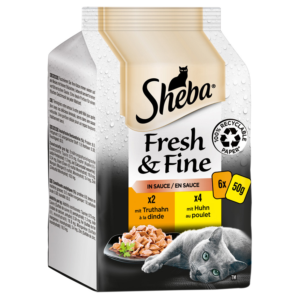 Sparpaket Sheba Fresh & Fine Frischebeutel 72 x 50 g - Huhn & Truthahn in Sauce von Sheba