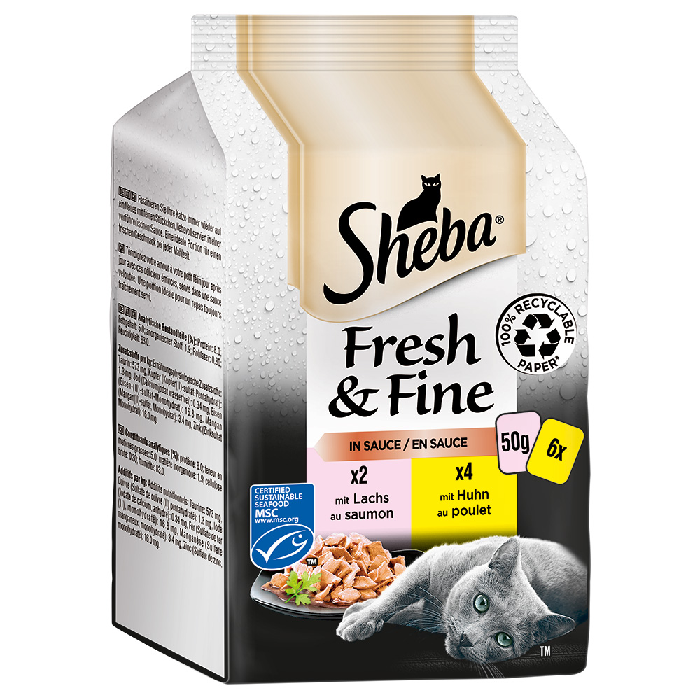 Sparpaket Sheba Fresh & Fine Frischebeutel 72 x 50 g - Lachs und Huhn in Sauce von Sheba