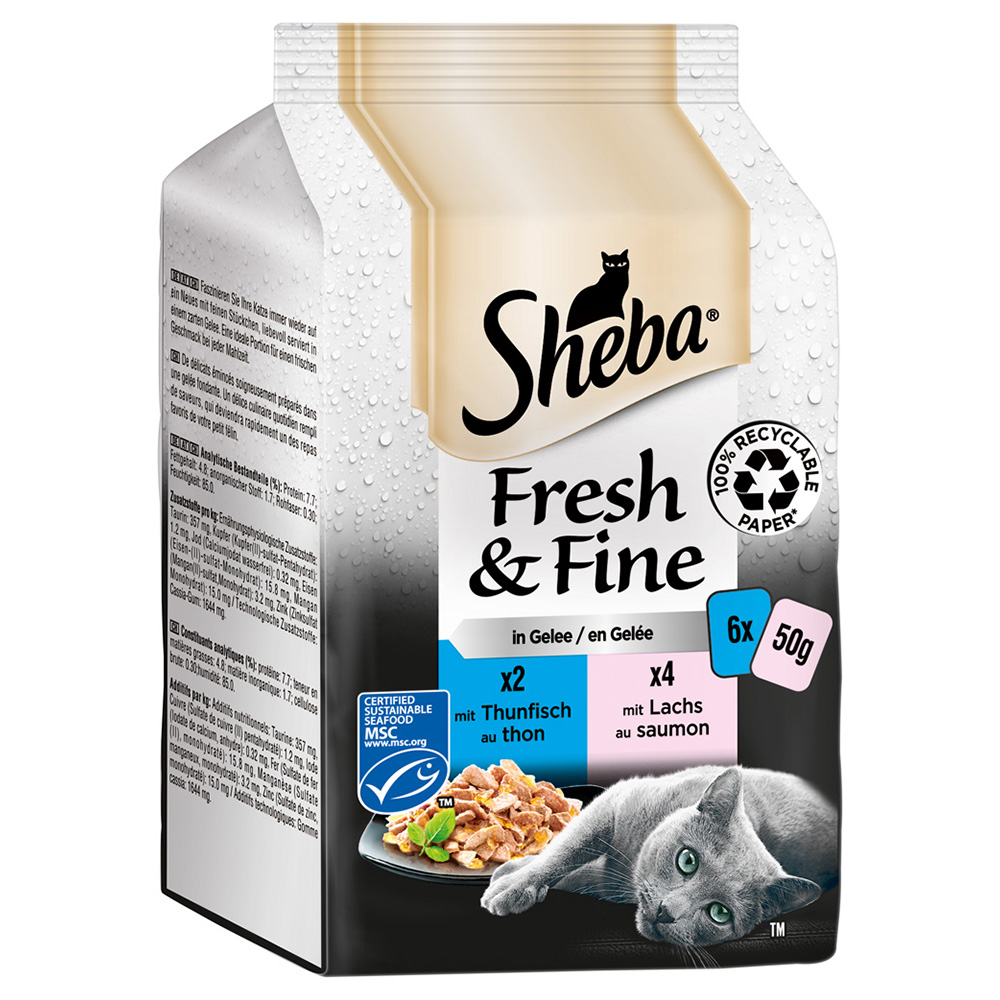 Sparpaket Sheba Fresh & Fine Frischebeutel 72 x 50 g - Thunfisch & Lachs in Gelee von Sheba
