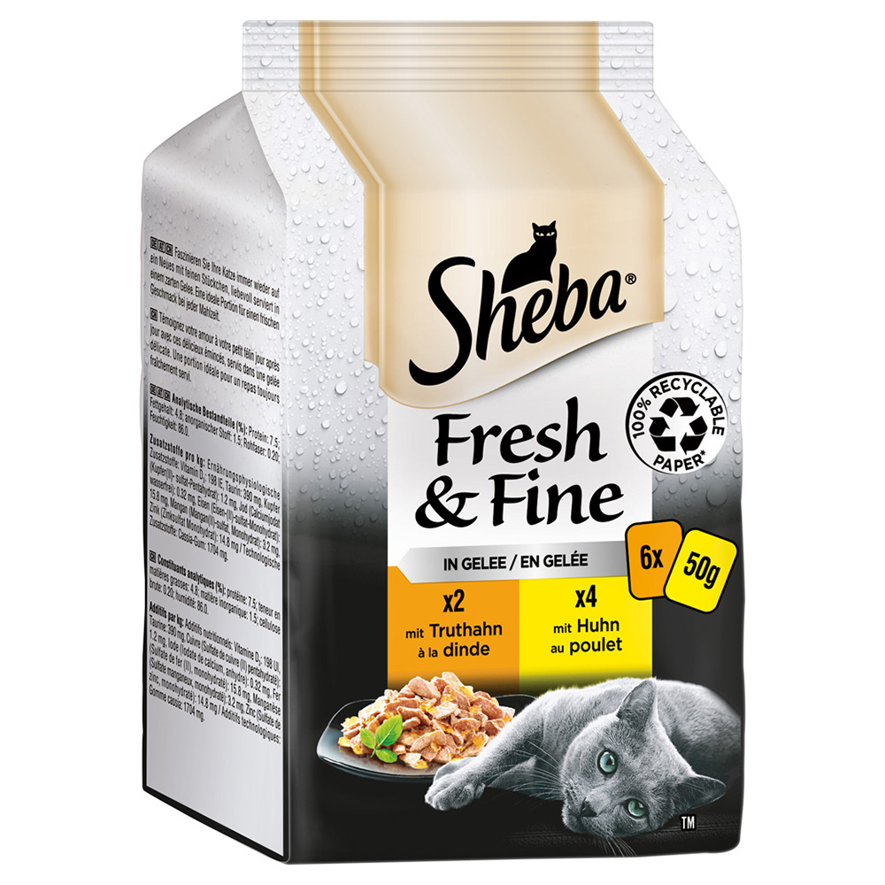 Sparpaket Sheba Fresh & Fine Frischebeutel 72 x 50 g - Truthahn & Huhn in Gelee von Sheba