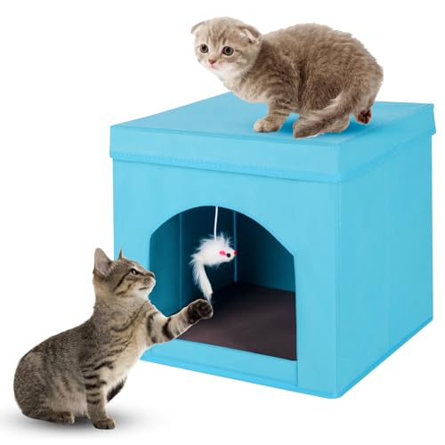 ShellKingdom Zusammenklappbares Katzenhaus, Faltbarer Kitty Katzenwürfel und Katzenhöhle mit Bett, Katzenhocker Condo für Indoor-Katzen, 33 x 33 x 33 cm (Blau) von ShellKingdom